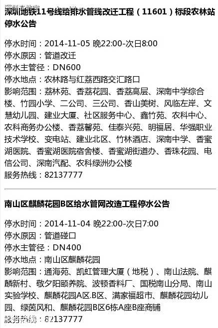 <a href=http://www.sz1980.com/shenzhen/ target=_blank class=infotextkey><a href=http://www.zshb029.com/shenzhen/ target=_blank class=infotextkey>深圳</a></a>停水公告 地鐵11號線農(nóng)林站停水