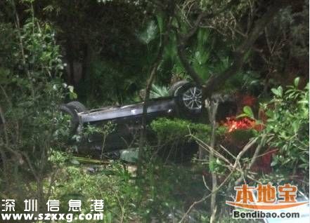 小車沖進樹叢四腳朝天 車內人員制止路人拍照